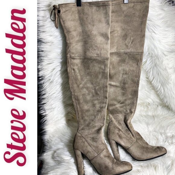 STEVE MADDEN “Gorgeous” Taupe Gray Over-The-Knee Faux Vegan Suede Boots, Sz 8.5 - Picture 4 of 12
